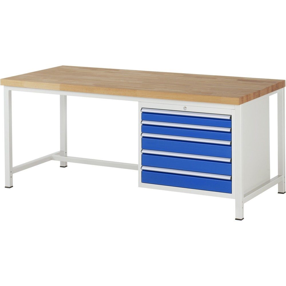 RAU Werkbank Serie 8000, HxBxT 840 x 2.000 x 900 mm, 5 x 100%-Auszug-Schubladen 2 x 90, 3 x 120 mm, Schubladen-TK 75 kg