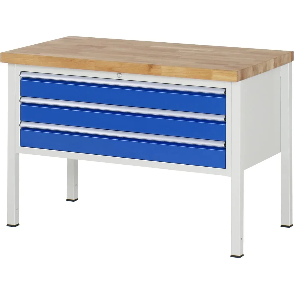 RAU Werkbank Serie 8000, HxBxT 840 x 1.250 x 700 mm, 3 x 90%-Auszug-Schubladen 3 x 120 mm, Schubladen-TK 50 kg