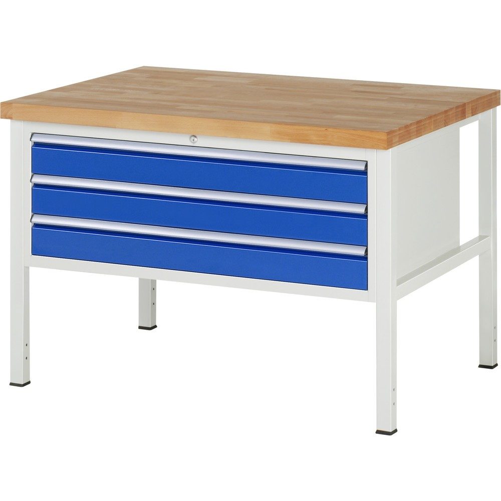 RAU Werkbank Serie 8000, HxBxT 840-1.040 x 1.250 x 900 mm, 3 x 100%-Auszug-Schubladen 3 x 120 mm, Schubladen-TK 50 kg