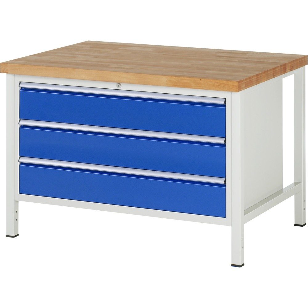 RAU Werkbank Serie 8000, HxBxT 840-1.040 x 1.250 x 900 mm, 3 x 90%-Auszug-Schubladen 3 x 180 mm, Schubladen-TK 50 kg