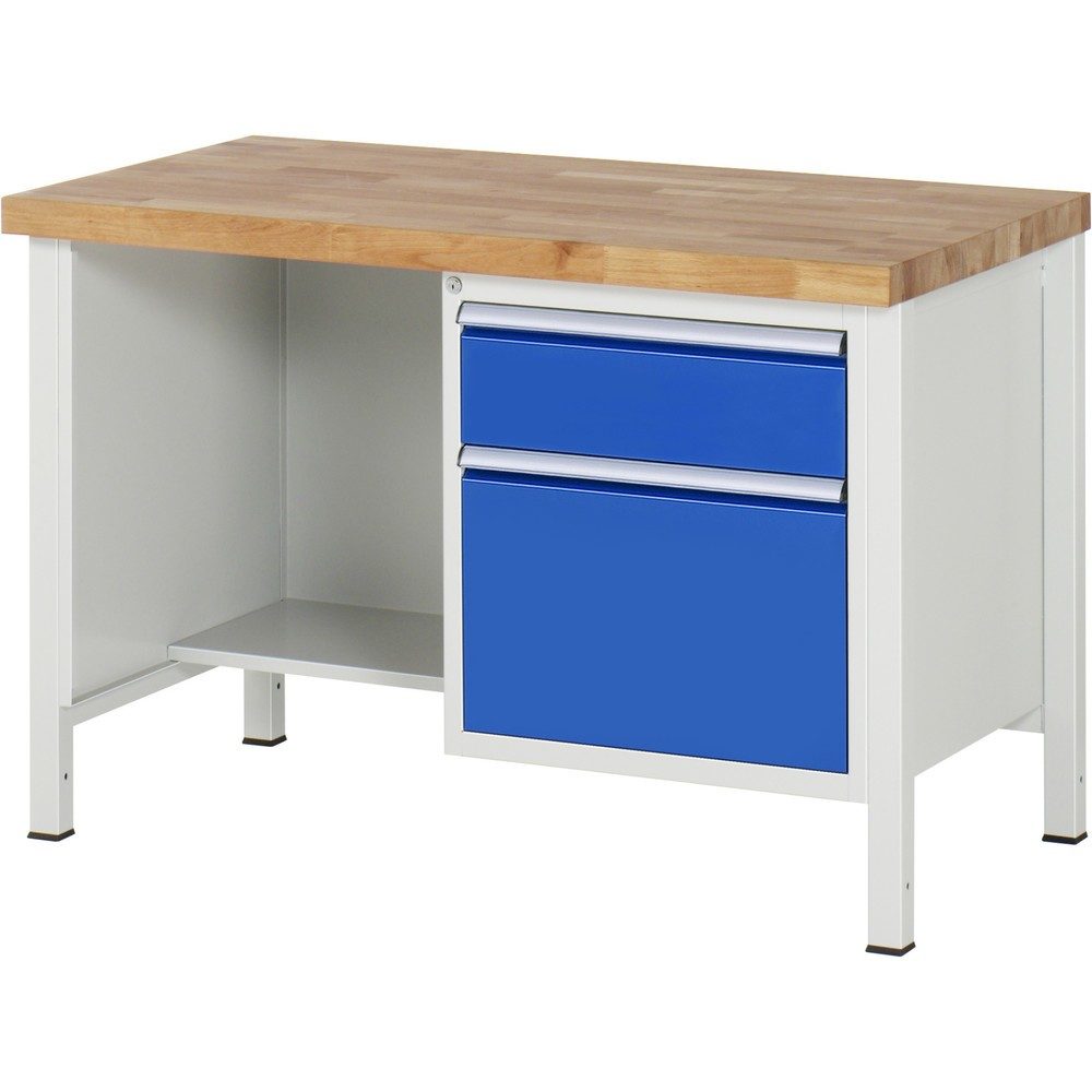 RAU Werkbank Serie 8000, 1 Ablageboden, HxBxT 840-1.040 x 1.250 x 700 mm, 2 x 90%-Auszug-Schubladen