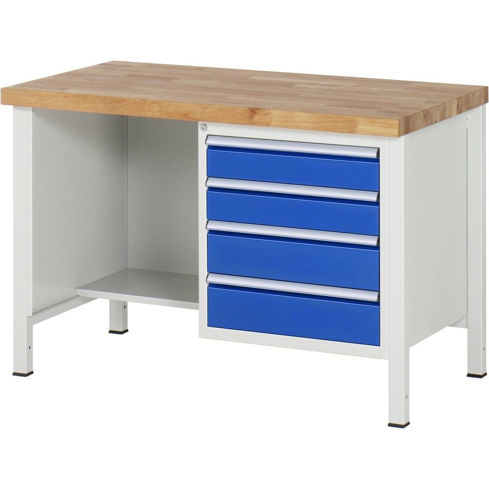 RAU Werkbank Serie 8000, 1 Ablageboden, HxBxT 840-1.040 x 1.250 x 700 mm, 4 x 100%-Auszug-Schubladen