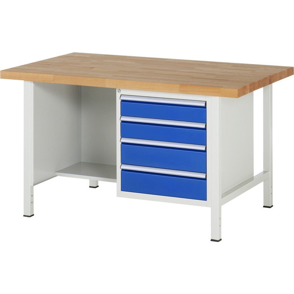 RAU Werkbank Serie 8000, 1 Ablageboden, HxBxT 840-1.040 x 1.500 x 900 mm, 4 x 90%-Auszug-Schubladen