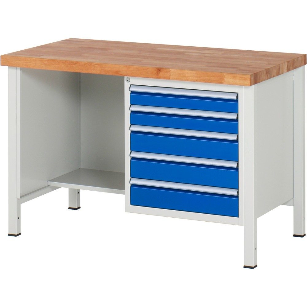 RAU Werkbank Serie 8000, 1 Ablageboden, HxBxT 840 x 1.250 x 700 mm, 5 x 100%-Auszug-Schubladen