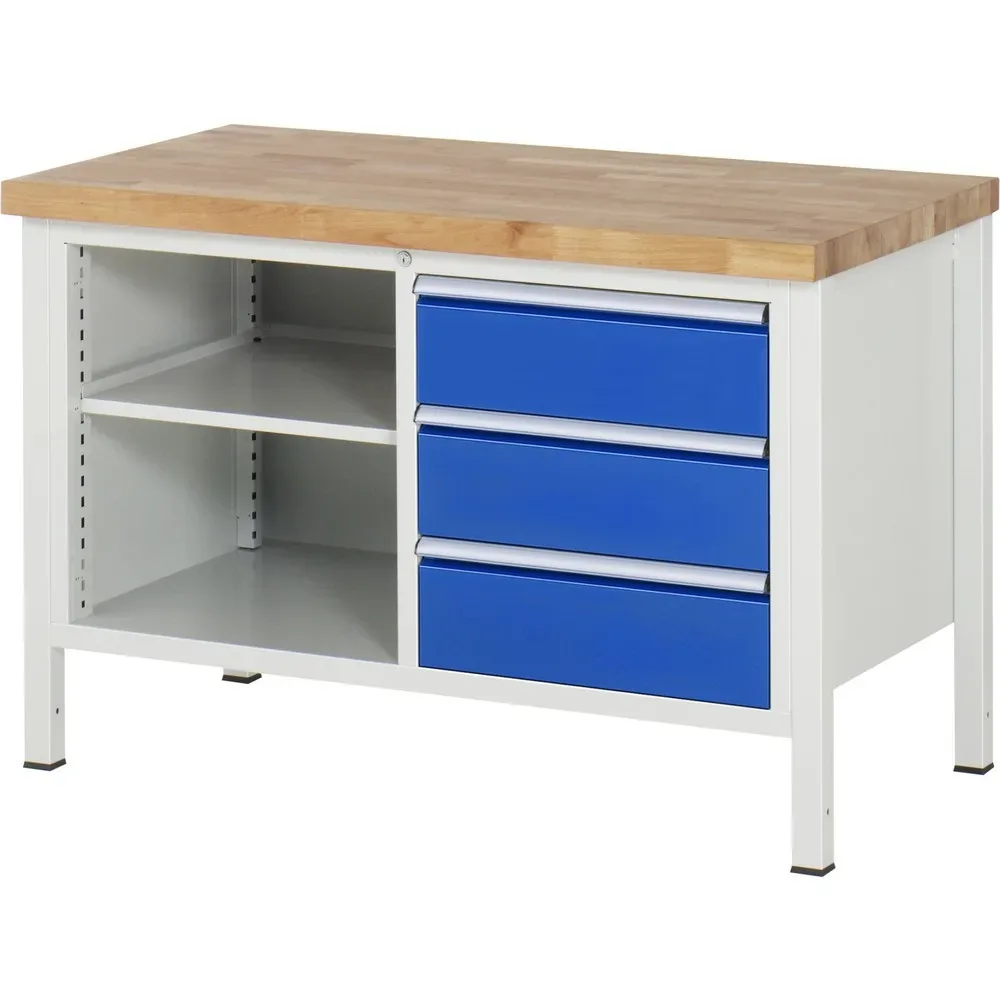 RAU Werkbank Serie 8000, 1 Doppel-Container, 1 Fachboden, HxBxT 840-1.040 x 1.250 x 700 mm, 3 x 100%-Auszug-Schubladen, ErgoScript