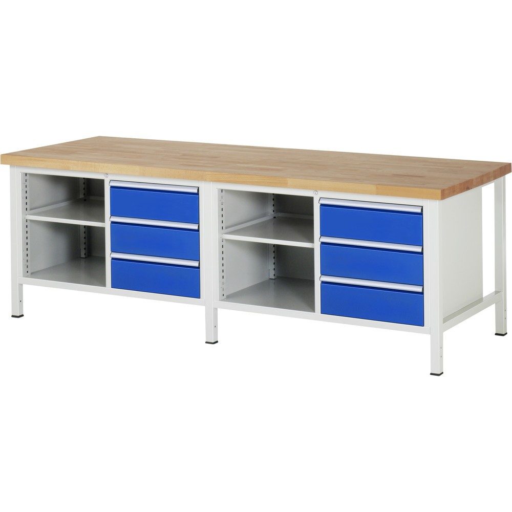RAU Werkbank Serie 8000, 2 Doppel-Container, 2 Fachböden, HxBxT 840-1.040 x 2.500 x 900 mm, 6 x 100%-Auszug-Schubladen 6 x 180 mm