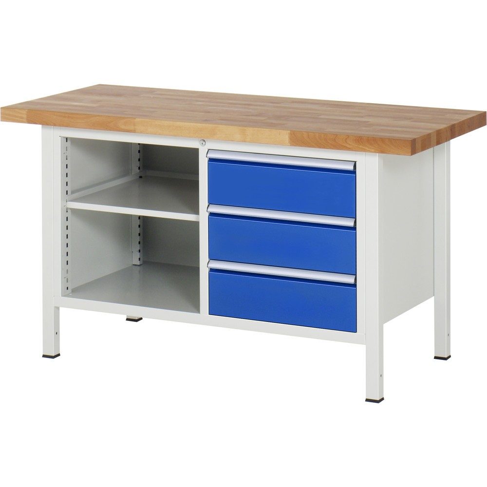 RAU Werkbank Serie 8000, 1 Doppel-Container, 1 Fachboden, HxBxT 840-1.040 x 1.500 x 700 mm, 3 x 90%-Auszug-Schubladen, ErgoScript