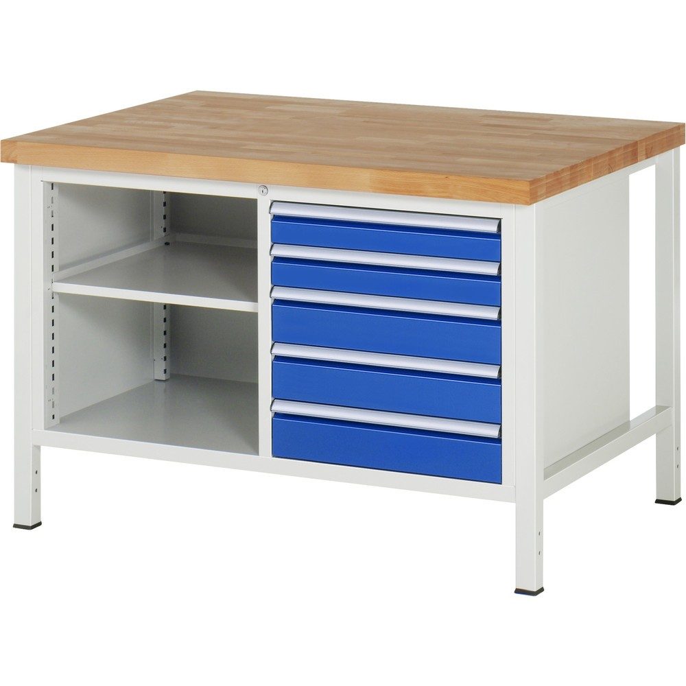 RAU Werkbank Serie 8000, 1 Doppel-Container, 1 Fachboden, HxBxT 840 x 1.250 x 900 mm, 5 x 90%-Auszug-Schubladen