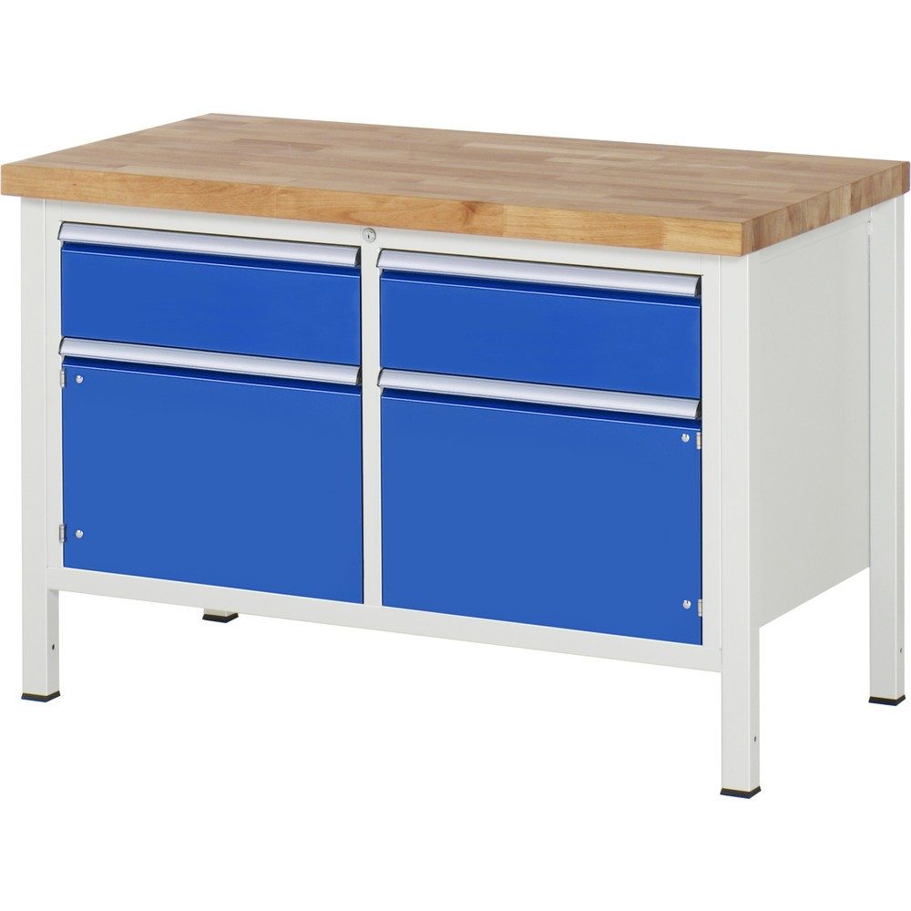 RAU Werkbank Serie 8000, 1 Doppel-Container, 2 Flügeltüren, HxBxT 840-1.040 x 1.250 x 700 mm, 2 x 90%-Auszug-Schubladen ErgoScript®