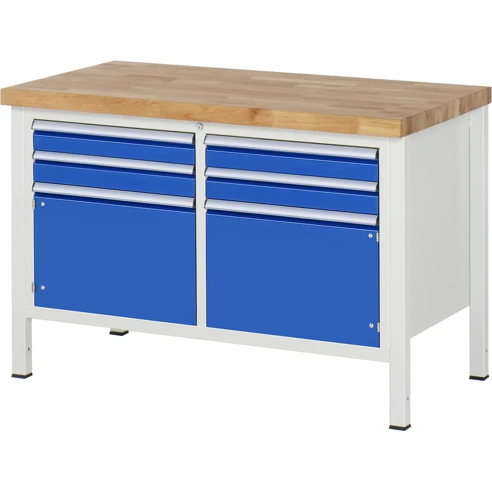RAU Werkbank Serie 8000, 1 Doppel-Container, 2 Flügeltüren, HxBxT 840-1.040 x 1.250 x 700 mm, 4 x 90%-Auszug-Schubladen