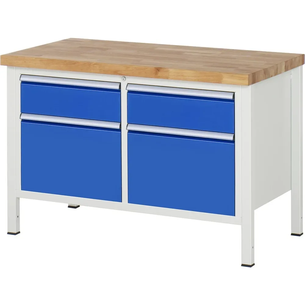 RAU Werkbank Serie 8000, 1 Doppel-Container, HxBxT 840 x 1.250 x 700 mm, 4 x 90%-Auszug-Schubladen