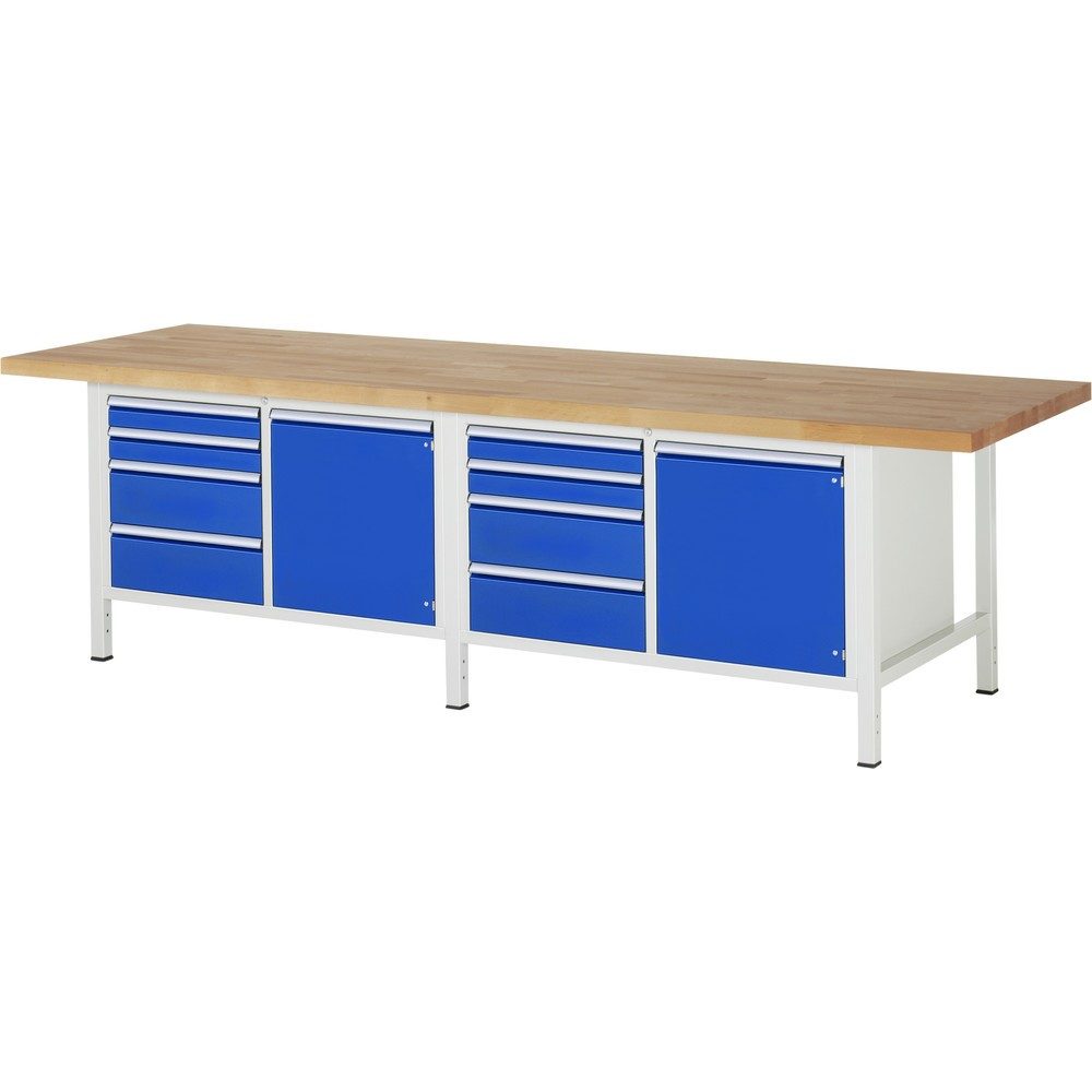 RAU Werkbank Serie 8000, 2 Doppel-Container, 2 Flügeltüren, HxBxT 840 x 3.000 x 900 mm, 8 x 90%-Auszug-Schubladen
