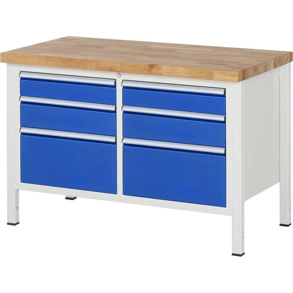 RAU Werkbank Serie 8000, 1 Doppel-Container, HxBxT 840 x 1.250 x 700 mm, 6 x 100%-Auszug-Schubladen 2 x 120, 2 x 150, 2 x 270 mm, Schubladen-TK 100 kg