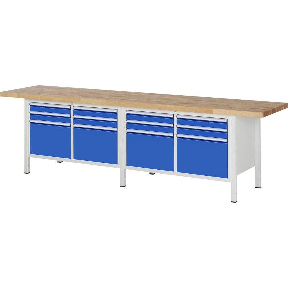 RAU Werkbank Serie 8000, 2 Doppel-Container, HxBxT 840 x 3.000 x 700 mm, 12 x 100%-Auszug-Schubladen 8 x 90, 4 x 360 mm
