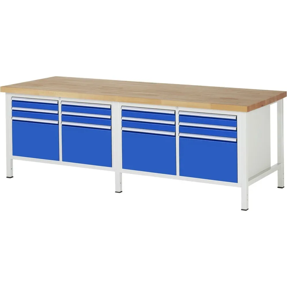 RAU Werkbank Serie 8000, 2 Doppel-Container, HxBxT 840 x 2.500 x 900 mm, 12 x 90%-Auszug-Schubladen 8 x 90, 4 x 360 mm