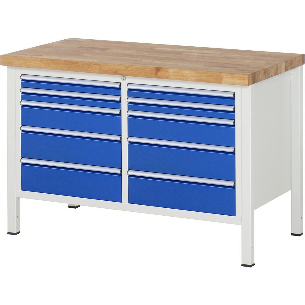 RAU Werkbank Serie 8000, 1 Doppel-Container, HxBxT 840-1.040 x 1.250 x 700 mm, 10 x 100%-Auszug-Schubladen, Schubladen-TK 100 kg