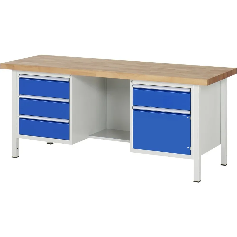 RAU Werkbank Serie 8000, 2 Container, 1 Ablageboden, 1 Flügeltür, HxBxT 840 x 2.000 x 700 mm, 4 x 90%-Auszug-Schubladen 4 x 180 mm