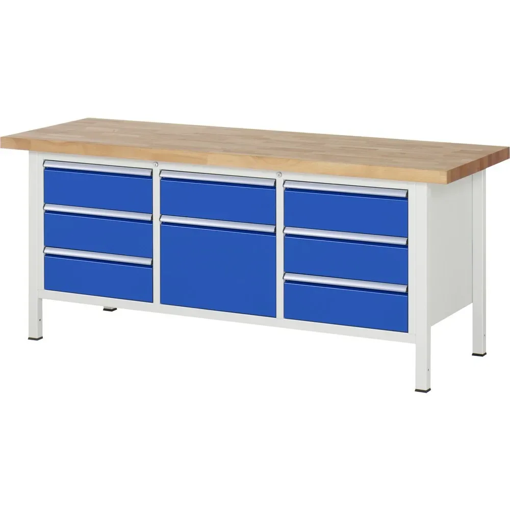 RAU Werkbank Serie 8000, 1 Dreifach-Container, HxBxT 840 x 2.000 x 700 mm, 8 x 100%-Auszug-Schubladen 7 x 180, 1 x 360 mm