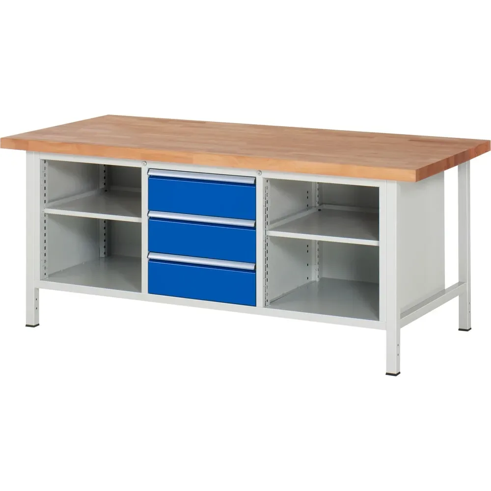 RAU Werkbank Serie 8000, 1 Dreifach-Container, 2 Fachböden, HxBxT 840 x 2.000 x 900 mm, 3 x 90%-Auszug-Schubladen