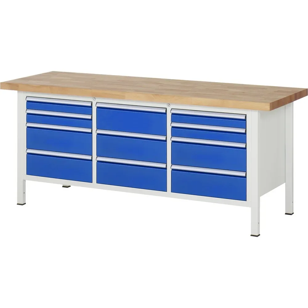 RAU Werkbank Serie 8000, 1 Dreifach-Container, HxBxT 840-1.040 x 2.000 x 700 mm, 11 Schublade 4 x 90, 7 x 180 mm, Schubladen-TK 100 kg
