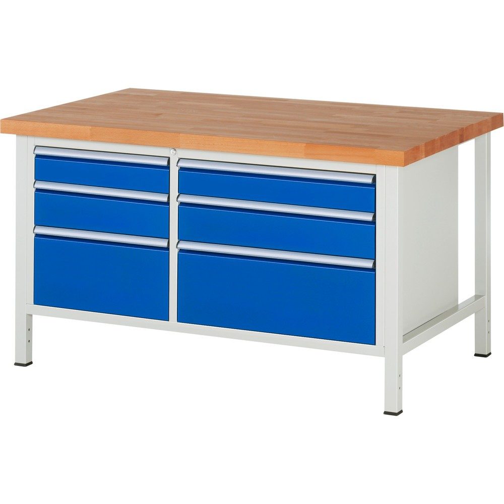 RAU Werkbank Serie 8000, 1 Doppel-Container, HxBxT 840 x 1.500 x 900 mm, 6 x 100%-Auszug-Schubladen 2 x 120, 2 x 150, 2 x 270 mm, Schubladen-TK 75/100 kg