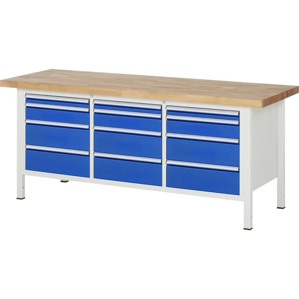 RAU Werkbank Serie 8000, 1 Dreifach-Container, HxBxT 840 x 2.000 x 700 mm, 12 x 100%-Auszug-Schubladen 3 x 60, 3 x 120, 6 x 180 mm