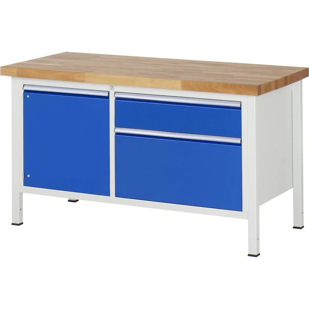 RAU Werkbank Serie 8000, 1 Doppel-Container, 1 Flügeltür, HxBxT 840-1.040 x 1.500 x 700 mm, 2 x 100%-Auszug-Schubladen