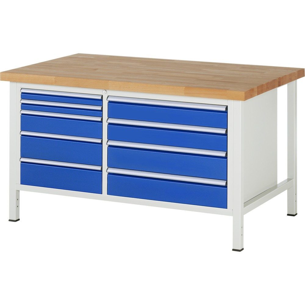 RAU Werkbank Serie 8000, 1 Doppel-Container, HxBxT 840-1.040 x 1.500 x 900 mm, 9 x 90%-Auszug-Schubladen 2 x 60, 3 x 120, 4 x 150 mm, Breite 490-680 mm