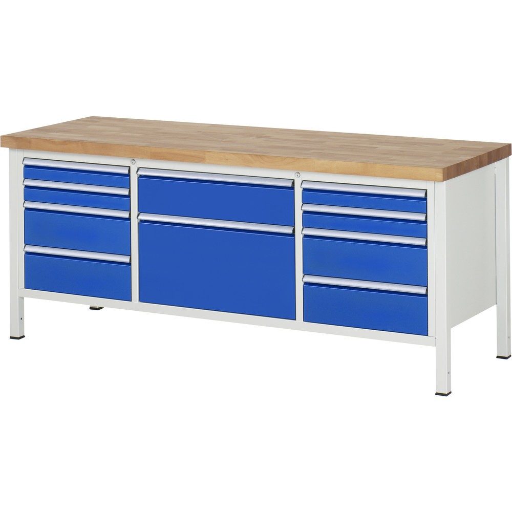 RAU Werkbank Serie 8000, 1 Dreifach-Container, HxBxT 840-1.040 x 2.000 x 700 mm, 10 x 100%-Auszug-Schubladen 4 x 90, 5 x 180, 1 x 360 mm, Schubladen-TK 75/100 kg