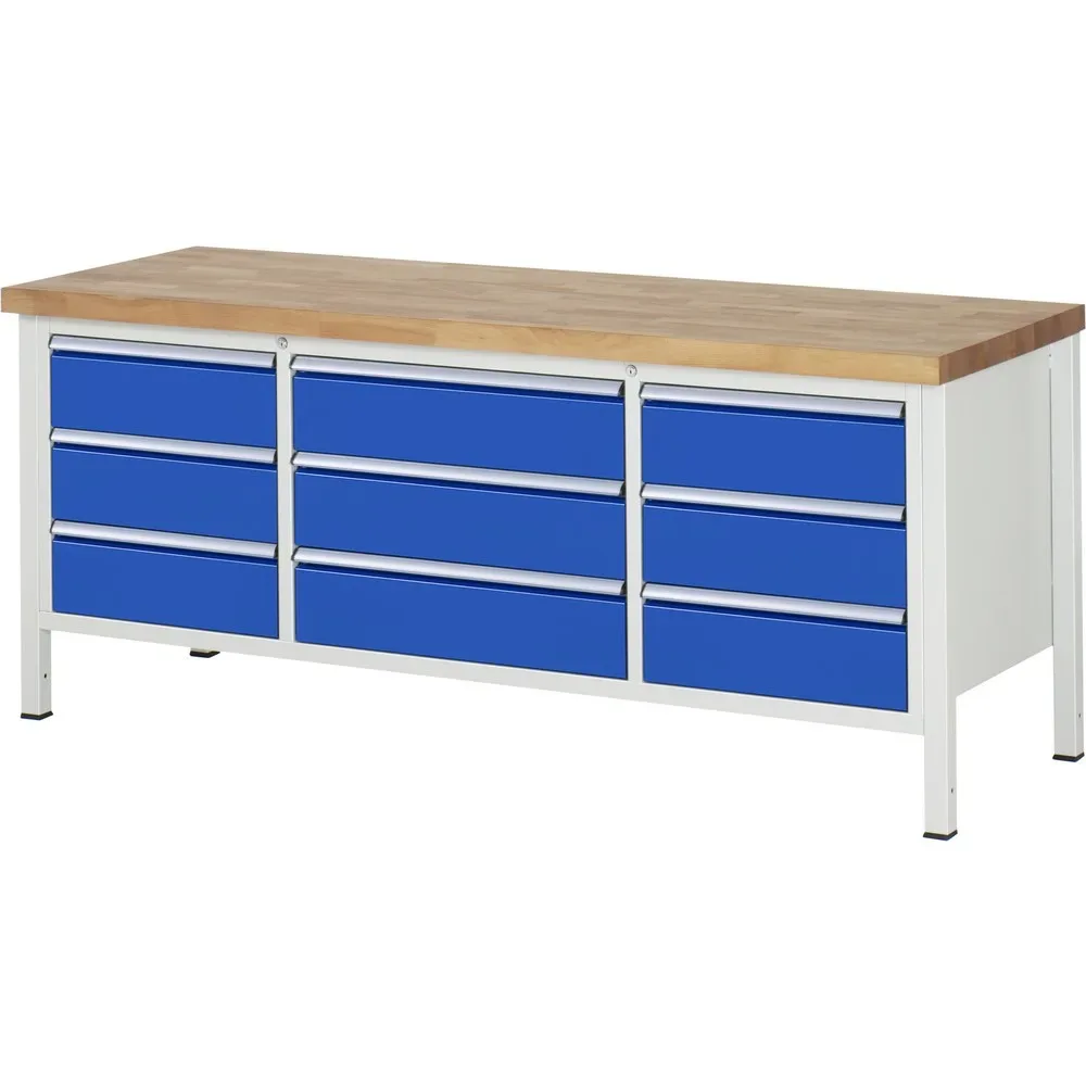 RAU Werkbank Serie 8000, 1 Dreifach-Container, HxBxT 840 x 2.000 x 700 mm, 9 x 100%-Auszug-Schubladen 9 x 180 mm, Schubladen-TK 75/100 kg