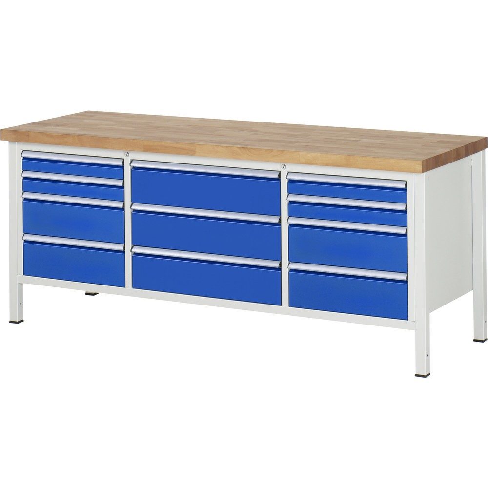 RAU Werkbank Serie 8000, 1 Dreifach-Container, HxBxT 840 x 2.000 x 700 mm, 11 Schublade 4 x 90, 7 x 180 mm, Schubladen-TK 75/100 kg