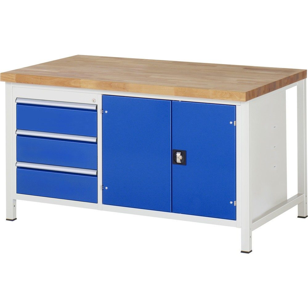 RAU Werkbank Serie 8000, 1 Doppel-Container, 1 Fachboden, 1 Doppel-Flügeltür, HxBxT 840 x 1.500 x 900 mm, 3 x 100%-Auszug-Schubladen