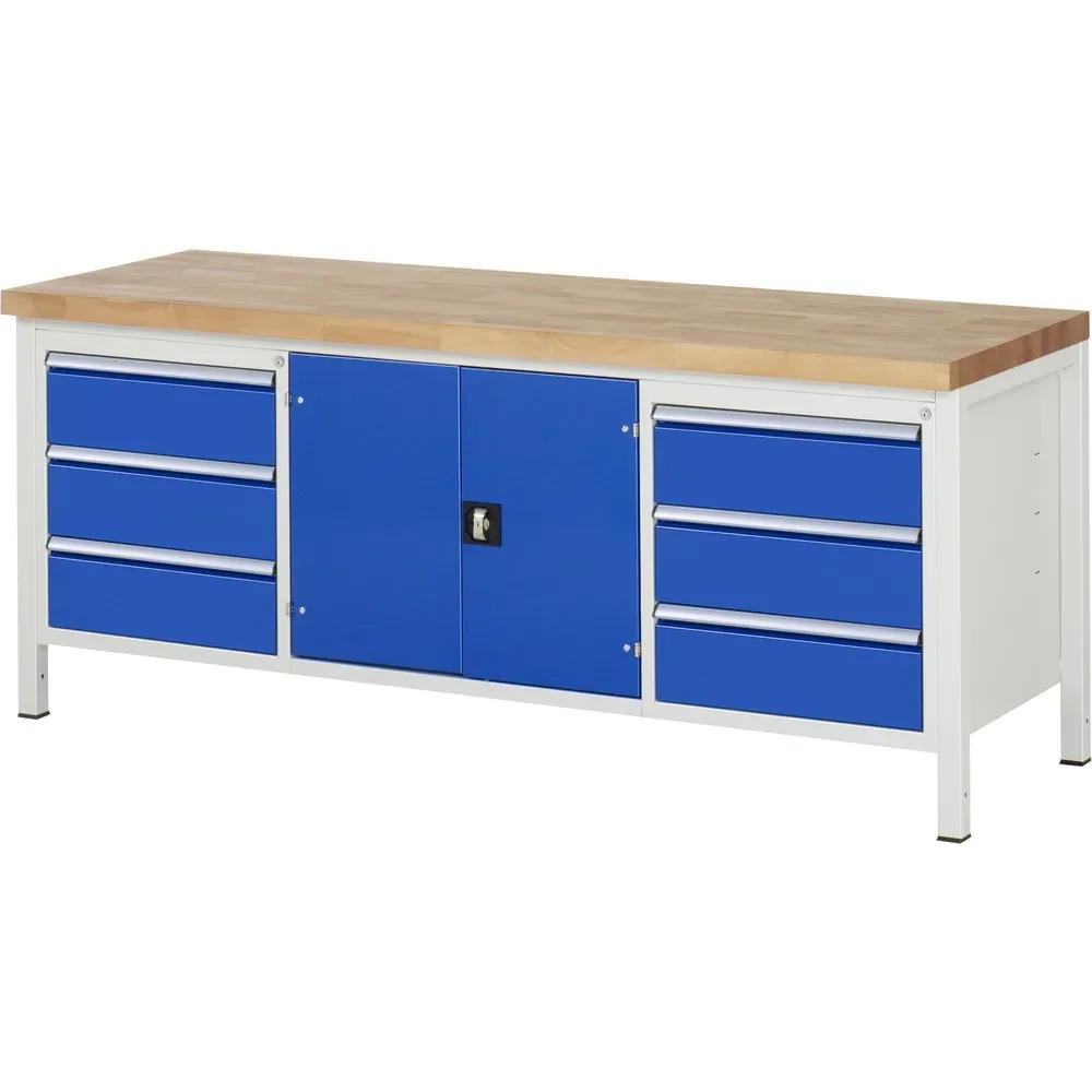 RAU Werkbank Serie 8000, 1 Dreifach-Container, 1 Doppel-Flügeltür, HxBxT 840 x 2.000 x 700 mm, 6 x 100%-Auszug-Schubladen 6 x 180 mm
