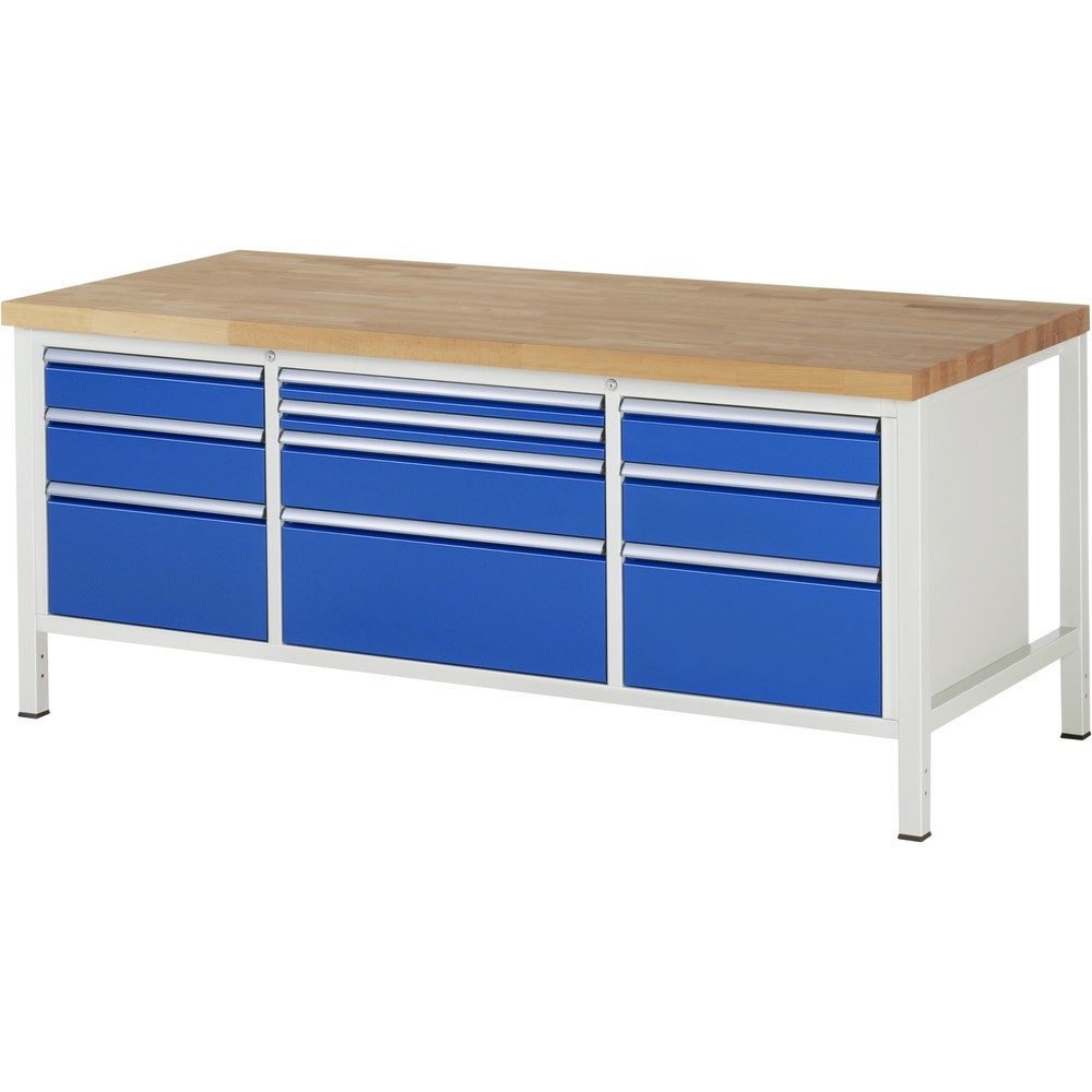 RAU Werkbank Serie 8000, 1 Dreifach-Container, HxBxT 840-1.040 x 2.000 x 900 mm, 10 x 100%-Auszug-Schubladen 2 x 60, 2 x 120, 3 x 150, 3 x 270 mm, Schubladen-TK 75/100 kg