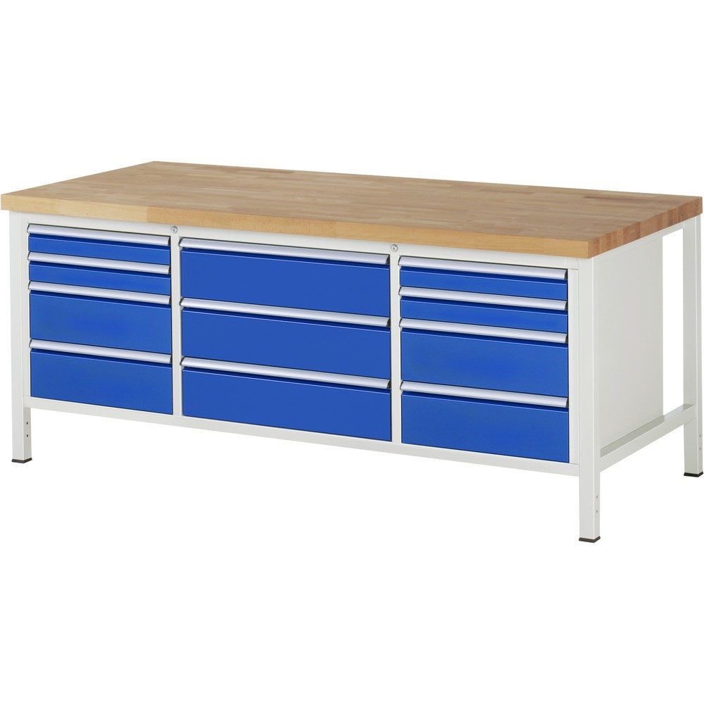 RAU Werkbank Serie 8000, 1 Dreifach-Container, HxBxT 840-1.040 x 2.000 x 900 mm, 11 Schublade 4 x 90, 7 x 180 mm, Schubladen-TK 100/75 kg