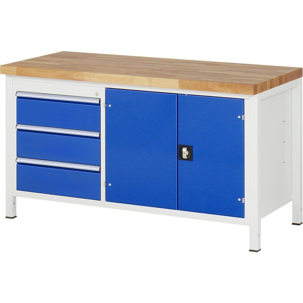 RAU Werkbank Serie 8000, 1 Doppel-Container, 1 Fachboden, 1 Doppel-Flügeltür, HxBxT 840-1.040 x 1.500 x 700 mm, 3 x 100%-Auszug-Schubladen
