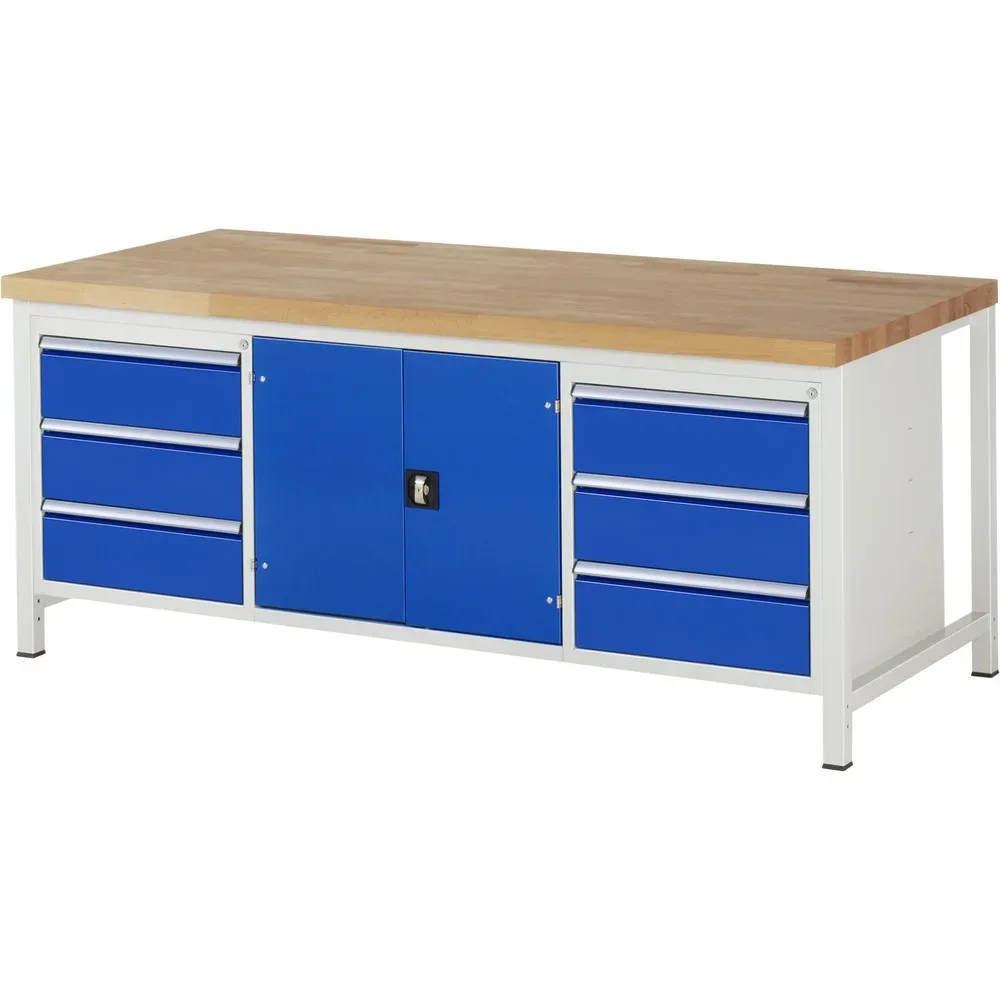 RAU Werkbank Serie 8000, 1 Dreifach-Container, 1 Doppel-Flügeltür, HxBxT 840 x 2.000 x 900 mm, 6 x 90%-Auszug-Schubladen 6 x 180 mm