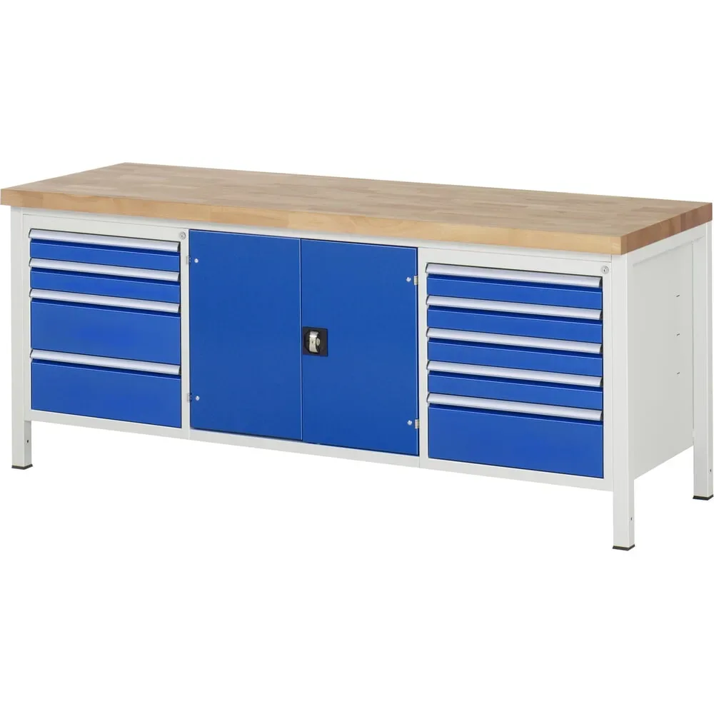 RAU Werkbank Serie 8000, 1 Dreifach-Container, 1 Doppel-Flügeltür, HxBxT 840-1.040 x 2.000 x 700 mm, 9 x 100%-Auszug-Schubladen