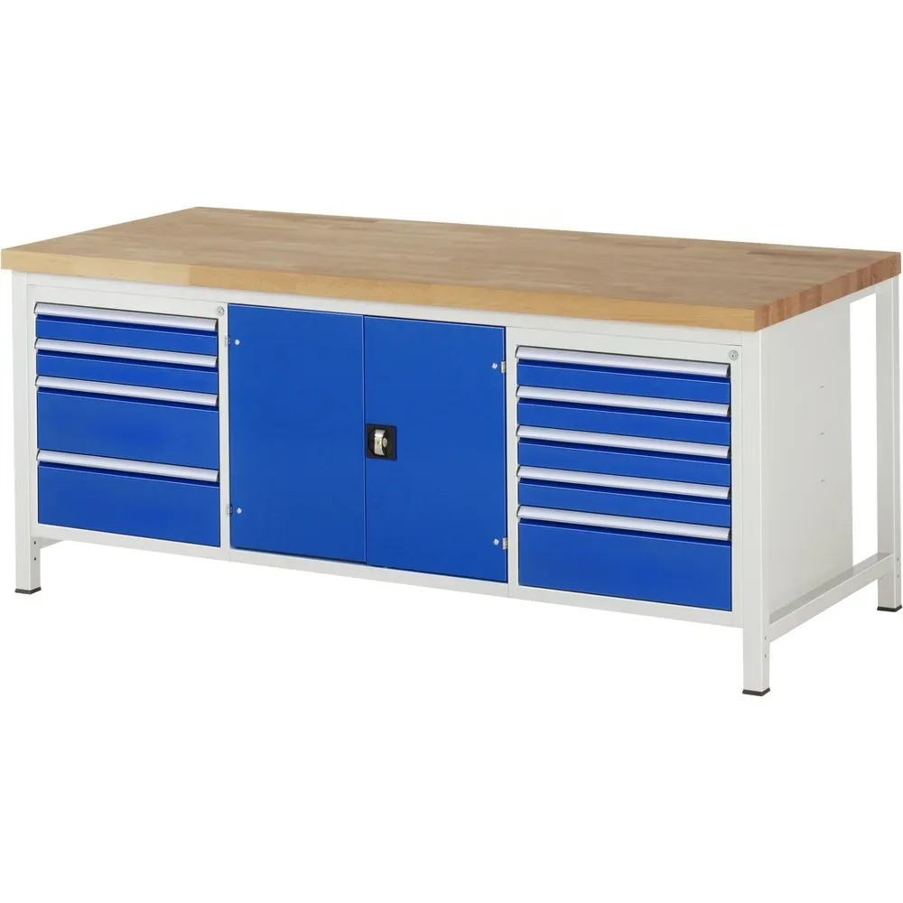RAU Werkbank Serie 8000, 1 Dreifach-Container, 1 Doppel-Flügeltür, HxBxT 840-1.040 x 2.000 x 900 mm, 9 x 90%-Auszug-Schubladen