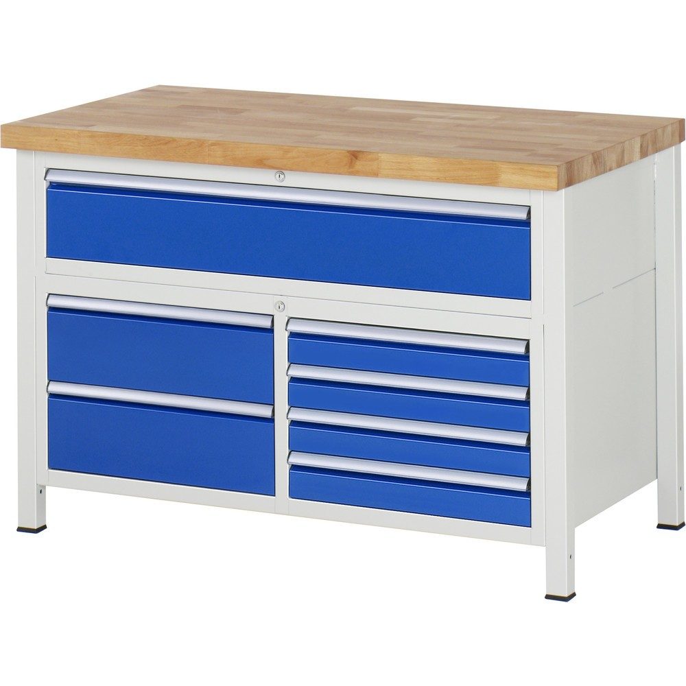 RAU Werkbank Serie 8000, 1 Dreifach-Container, HxBxT 840 x 1.250 x 700 mm, 7 x 90%-Auszug-Schubladen 4 x 90, 3 x 180 mm