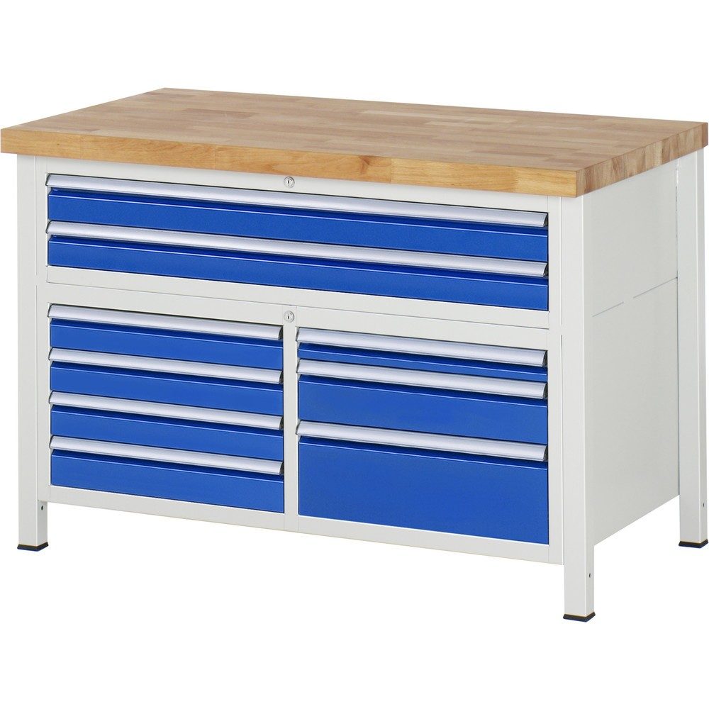 RAU Werkbank Serie 8000, 1 Dreifach-Container, HxBxT 840 x 1.250 x 700 mm, 9 x 100%-Auszug-Schubladen 1 x 60, 6 x 90, 1 x 120, 1 x 180 mm, Schubladen-TK 100/50 kg