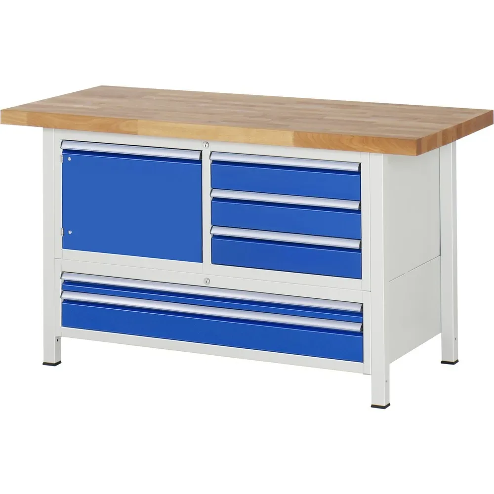 RAU Werkbank Serie 8000, 1 Dreifach-Container, 1 Flügeltür, HxBxT 840 x 1.500 x 700 mm, 5 x 100%-Auszug-Schubladen