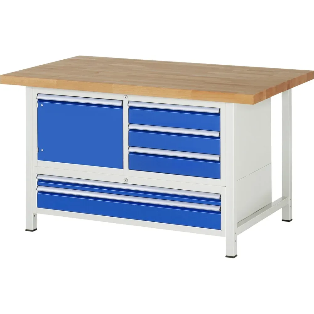 RAU Werkbank Serie 8000, 1 Dreifach-Container, 1 Flügeltür, HxBxT 840-1.040 x 1.500 x 900 mm, 5 x 100%-Auszug-Schubladen, 2 XXL unten