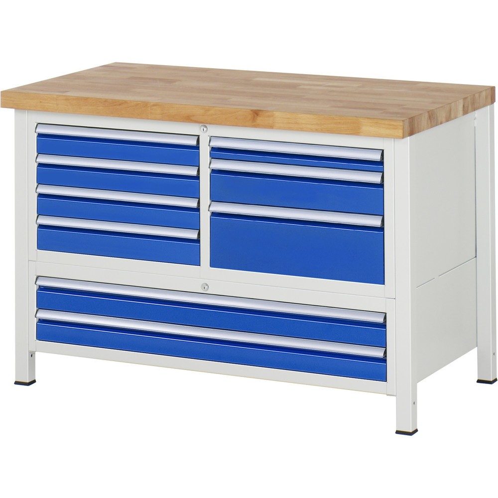 RAU Werkbank Serie 8000, 1 Dreifach-Container, HxBxT 840 x 1.250 x 700 mm, 9 x 100%-Auszug-Schubladen 1 x 60, 6 x 90, 1 x 120, 1 x 180 mm, Schubladen-TK 100/50 kg