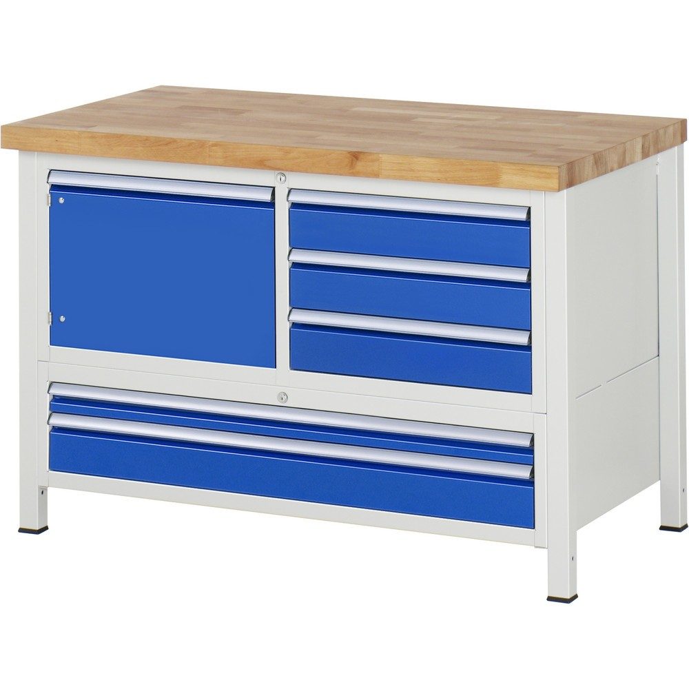 RAU Werkbank Serie 8000, 1 Dreifach-Container, 1 Flügeltür, HxBxT 840-1.040 x 1.250 x 900 mm, 5 x 100%-Auszug-Schubladen, 2 XXL unten