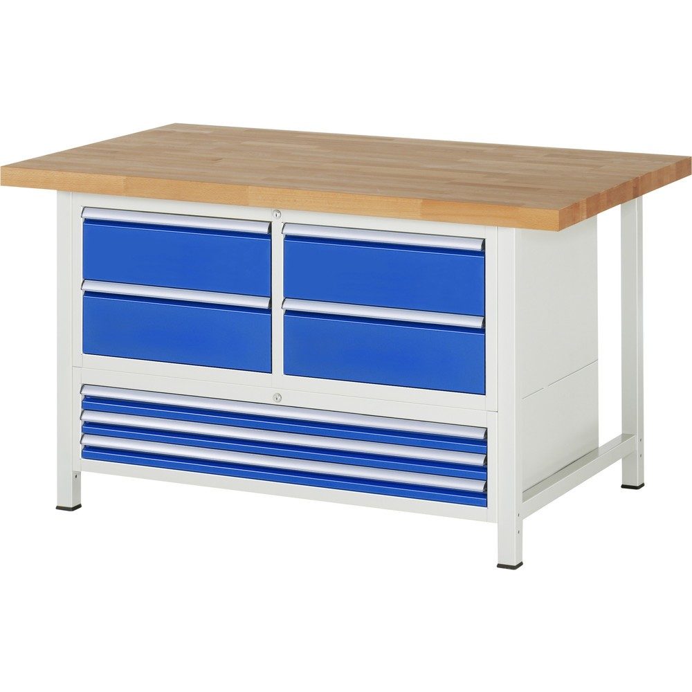 RAU Werkbank Serie 8000, 1 Dreifach-Container, HxBxT 840 x 1.500 x 900 mm, 7 x 90%-Auszug-Schubladen 3 x 60, 4 x 180 mm