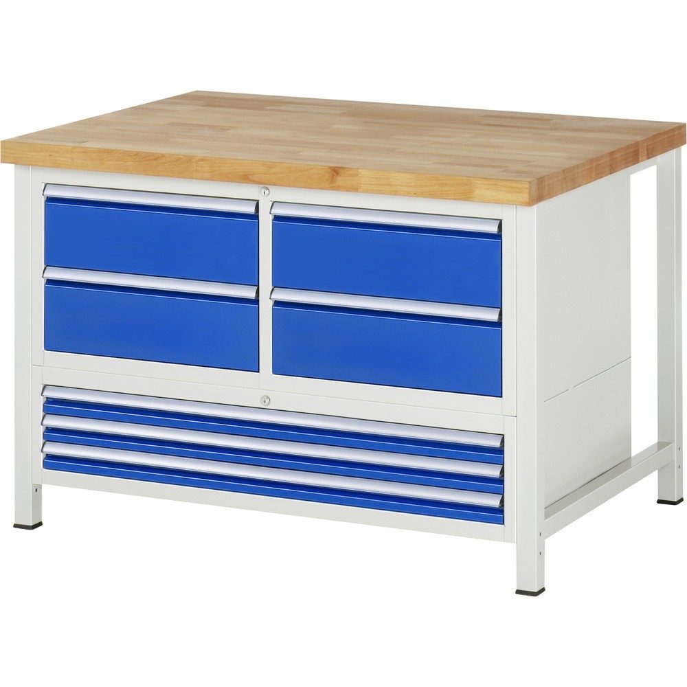 RAU Werkbank Serie 8000, 1 Dreifach-Container, HxBxT 840-1.040 x 1.250 x 900 mm, 7 x 100%-Auszug-Schubladen 3 x 60, 4 x 180 mm