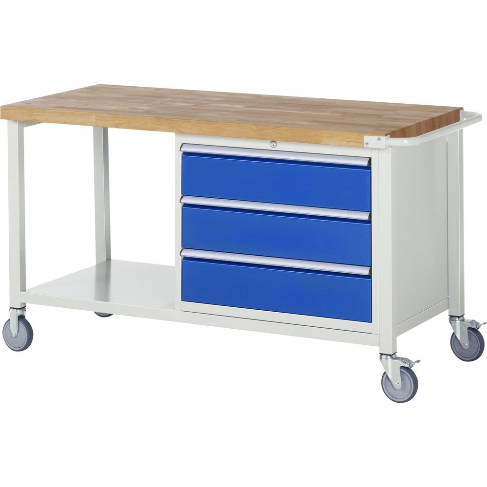 RAU mobile Werkbank Serie 8000, 1 Ablageboden, HxBxT 880 x 1.500 x 700 mm, 3 x 90%-Auszug-Schubladen, Breite 680 mm