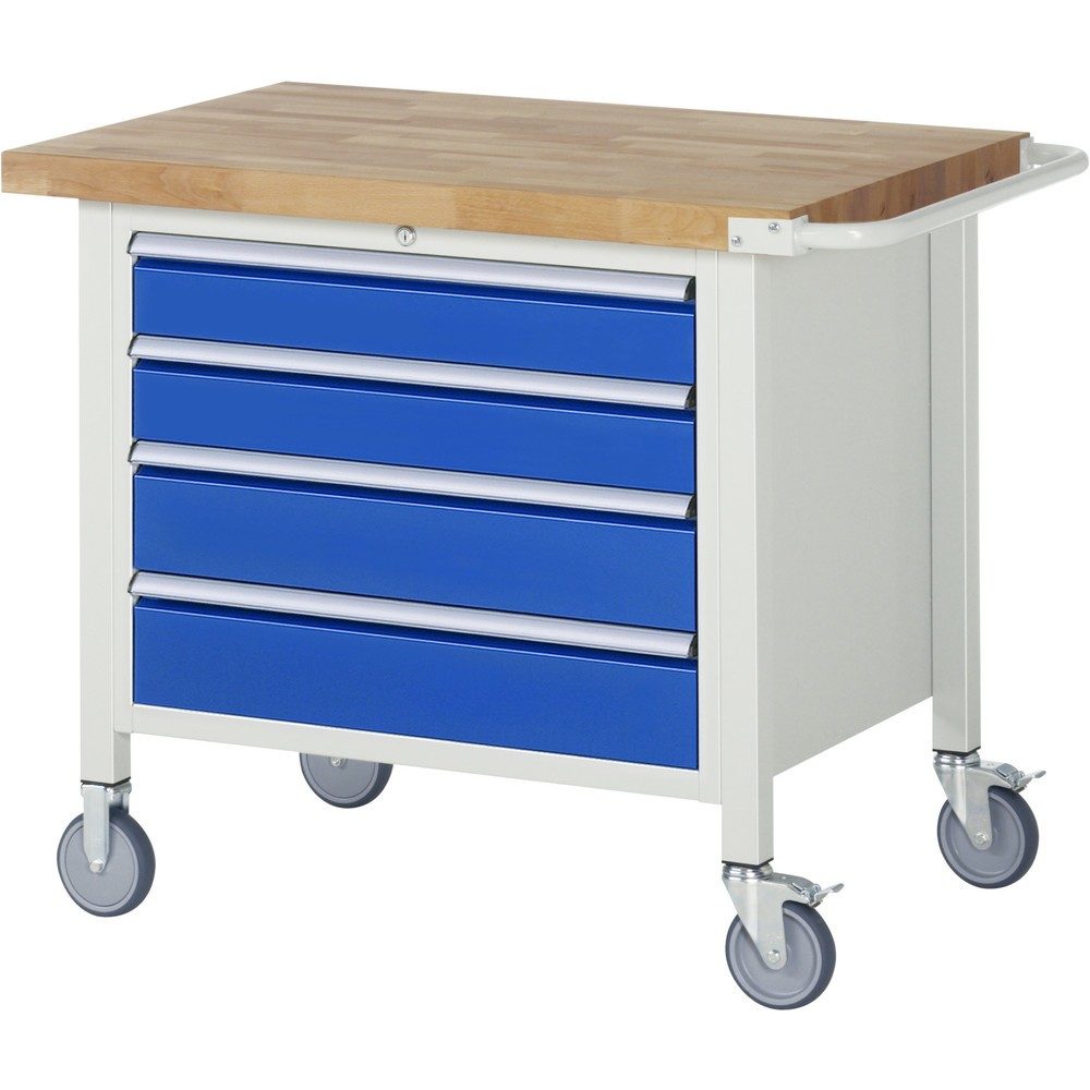 RAU mobile Werkbank Serie 8000, 1 Container, HxBxT 880-1.080 x 1.000 x 700 mm, 4 x 100%-Auszug-Schubladen, Breite 680 mm
