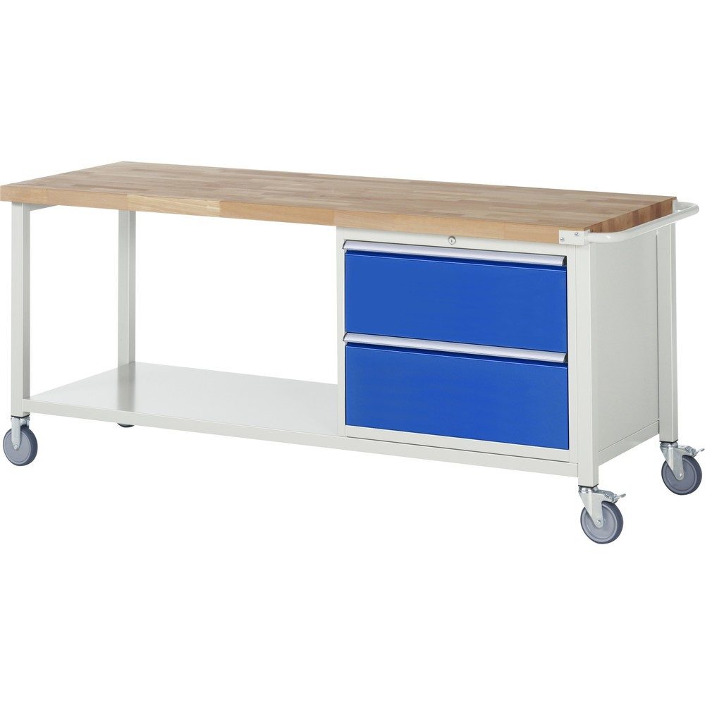 RAU mobile Werkbank Serie 8000, 1 Ablageboden, HxBxT 880-1.080 x 2.000 x 700 mm, 2 x 100%-Auszug-Schubladen